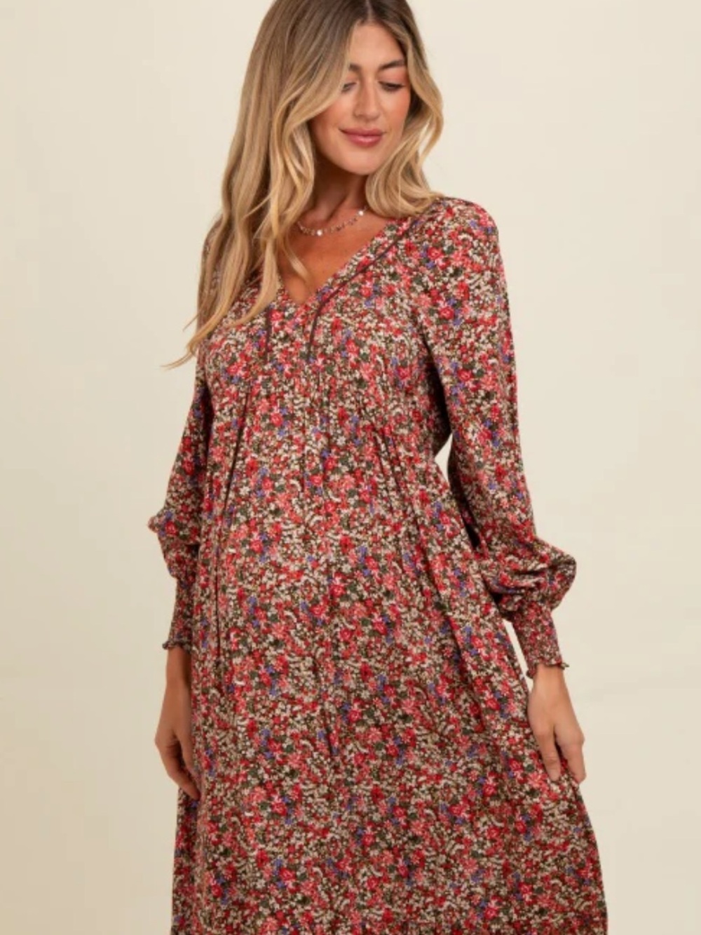 Pinkblush Red Floral V-Neck Bubble Sleeve Maxi Maternity Dress size large